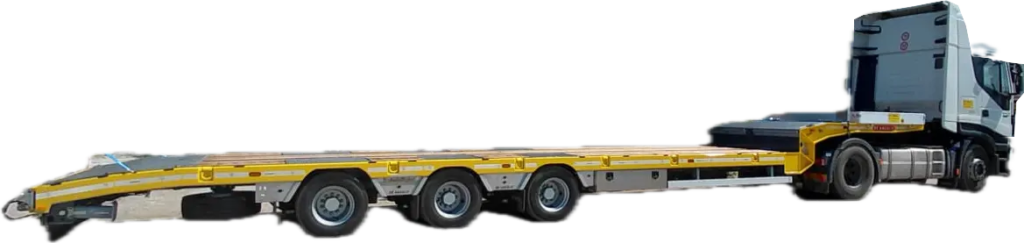 Semirimorchio De Angelis a tre assi con trattore Iveco, mezzo per trasporto macchine operatrici di Co.Ma.s. a Calto (RO)